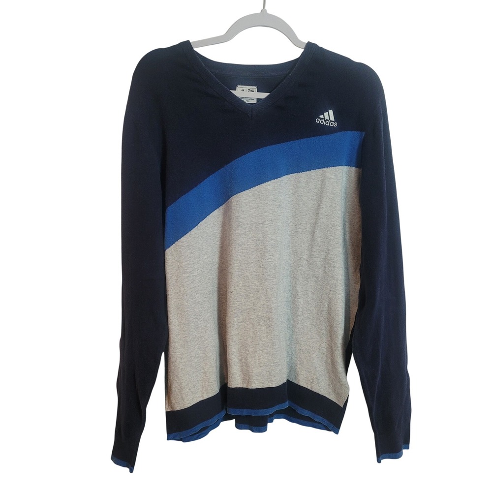 Adidas Mens V-Neck Sweater Navy Blue Gray Colorblock Cotton Blend‎ Large Preppy